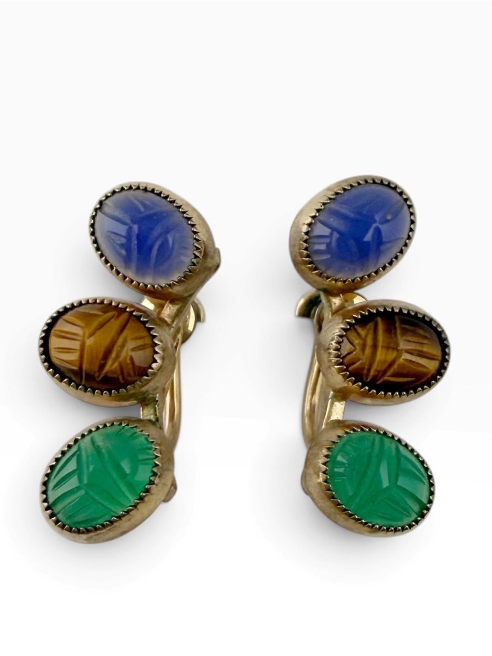 Vintage Carved Gemstone Scarab Ear Climber Screw Back Earrings 12K Gold Filled